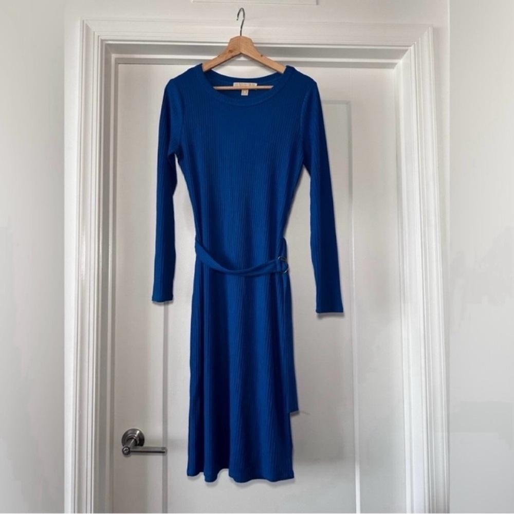 🦋MICHEAL Michael Kors Blue Long Sleeve Belted Rib-Knit Dress - Size Medium - Picture 2 of 6